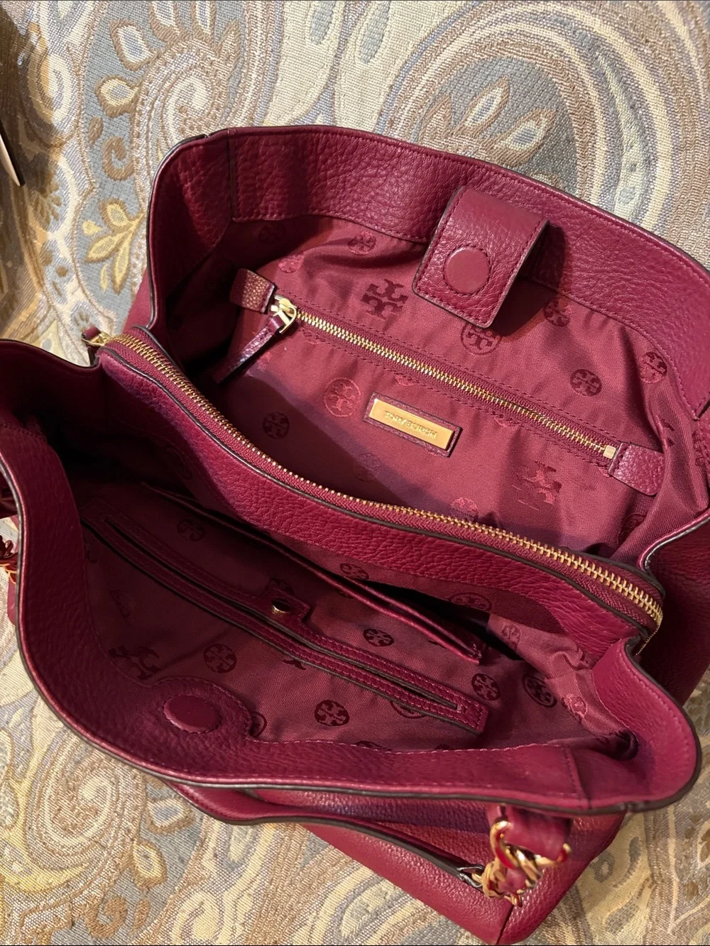 Tory Burch Wine Red Pebbled Leather Shoulder Tote